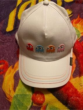 White Baseball Cap with Colorful  pac-Man